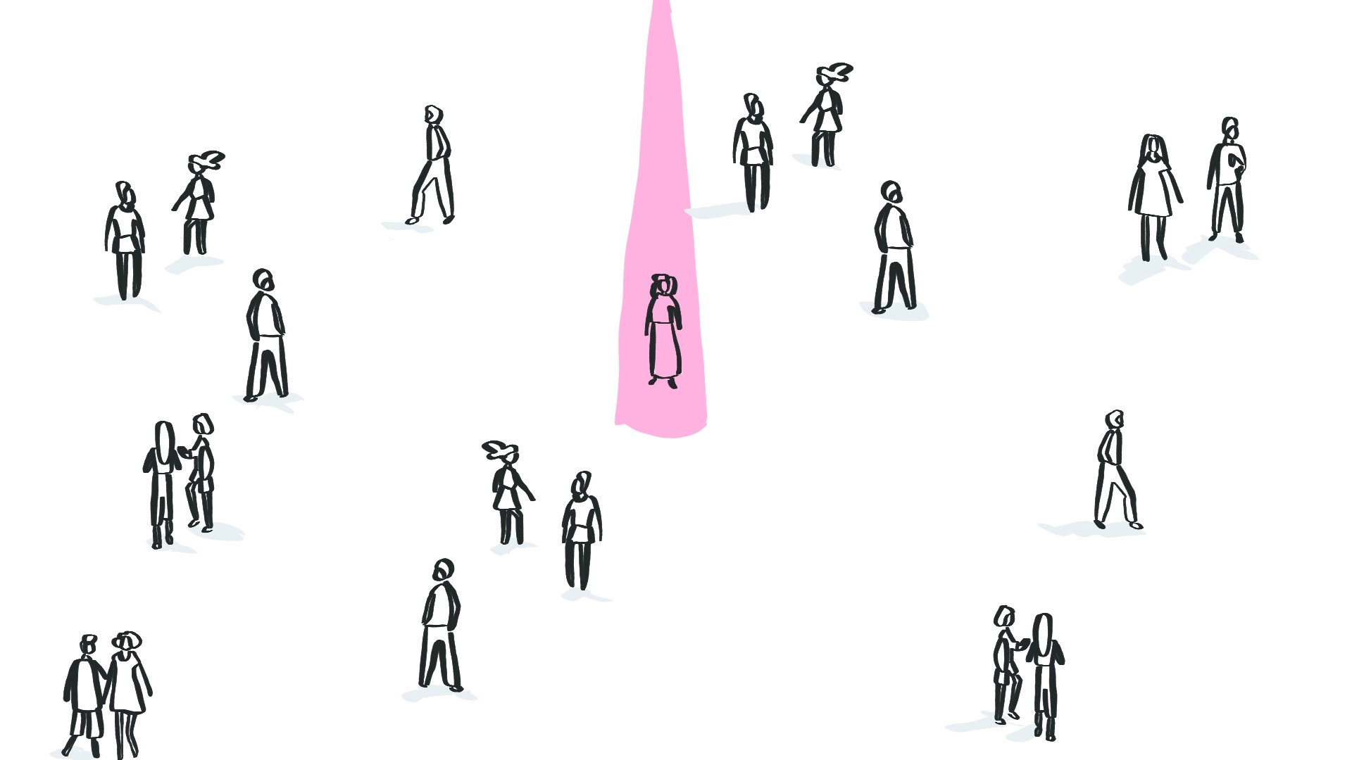 Getekende mensen op een groot veld bij elkaar. Eén van de personen heeft een spotlight op zich gericht.