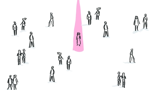Getekende mensen op een groot veld bij elkaar. Eén van de personen heeft een spotlight op zich gericht.