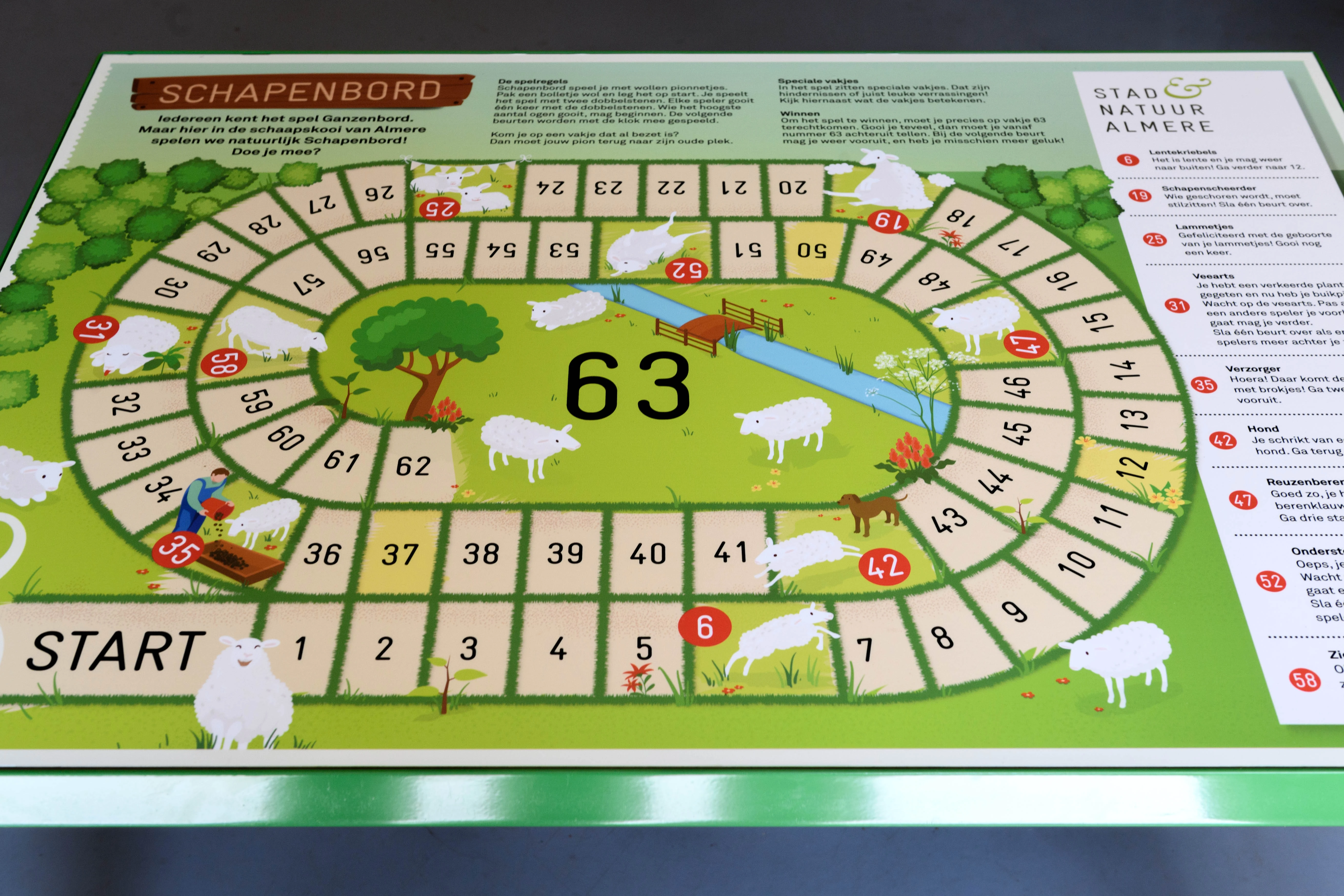 Bordspel waarbij je allemaal vakjes met nummers ziet, het startpunt en aanwijzingen aan de rechterkant